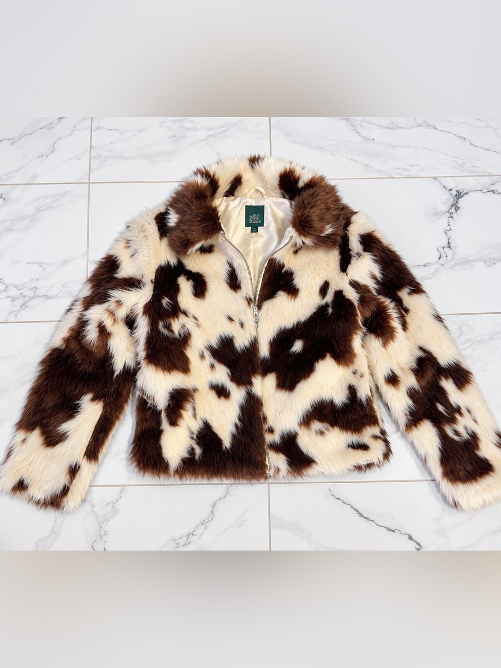 Wild Fable Faux Fur Cow Print Jacket Brown Cream Size XS oversize